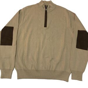 Alex Cannon Sweater Cable Knit Mens M 100% Cotton Elbow Pads Long Sleeve 1/4 Zip